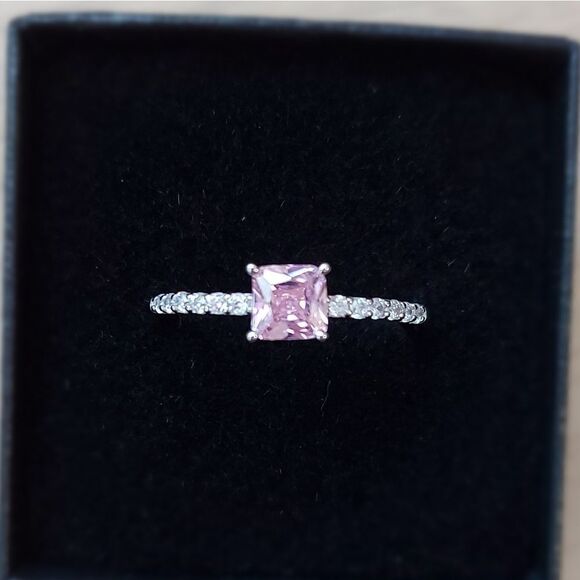 925 Sterling Silver Pink Cubic Zirconia Love Ring - Picture 5 of 6